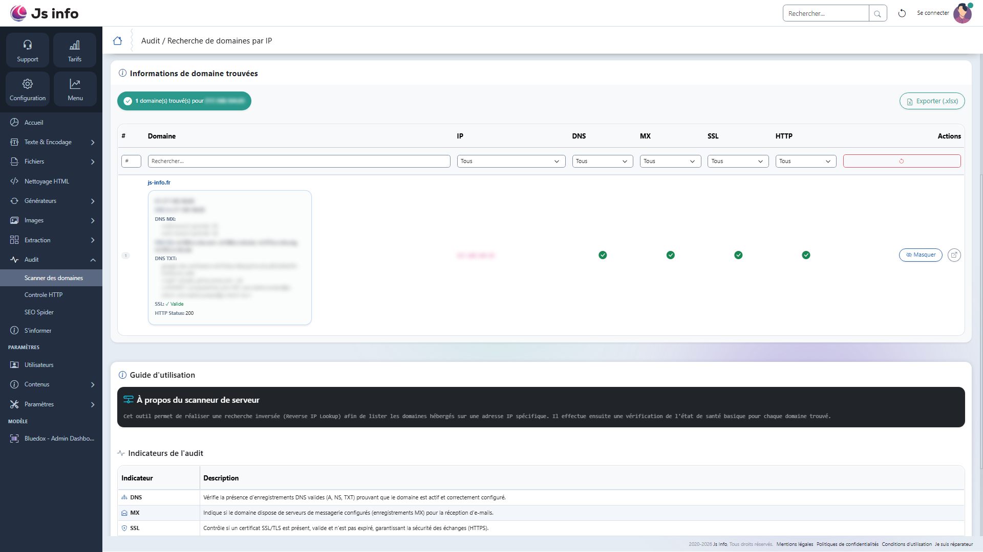 Capture du tableau de résultats avec domaine, IP, DNS, MX, SSL, HTTP, détails et export Excel