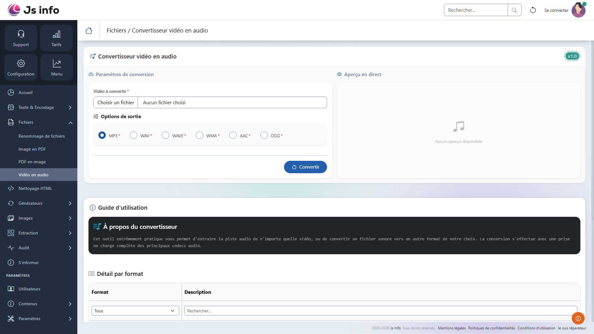 Interface simple pour uploader une vidéo et choisir le format cible