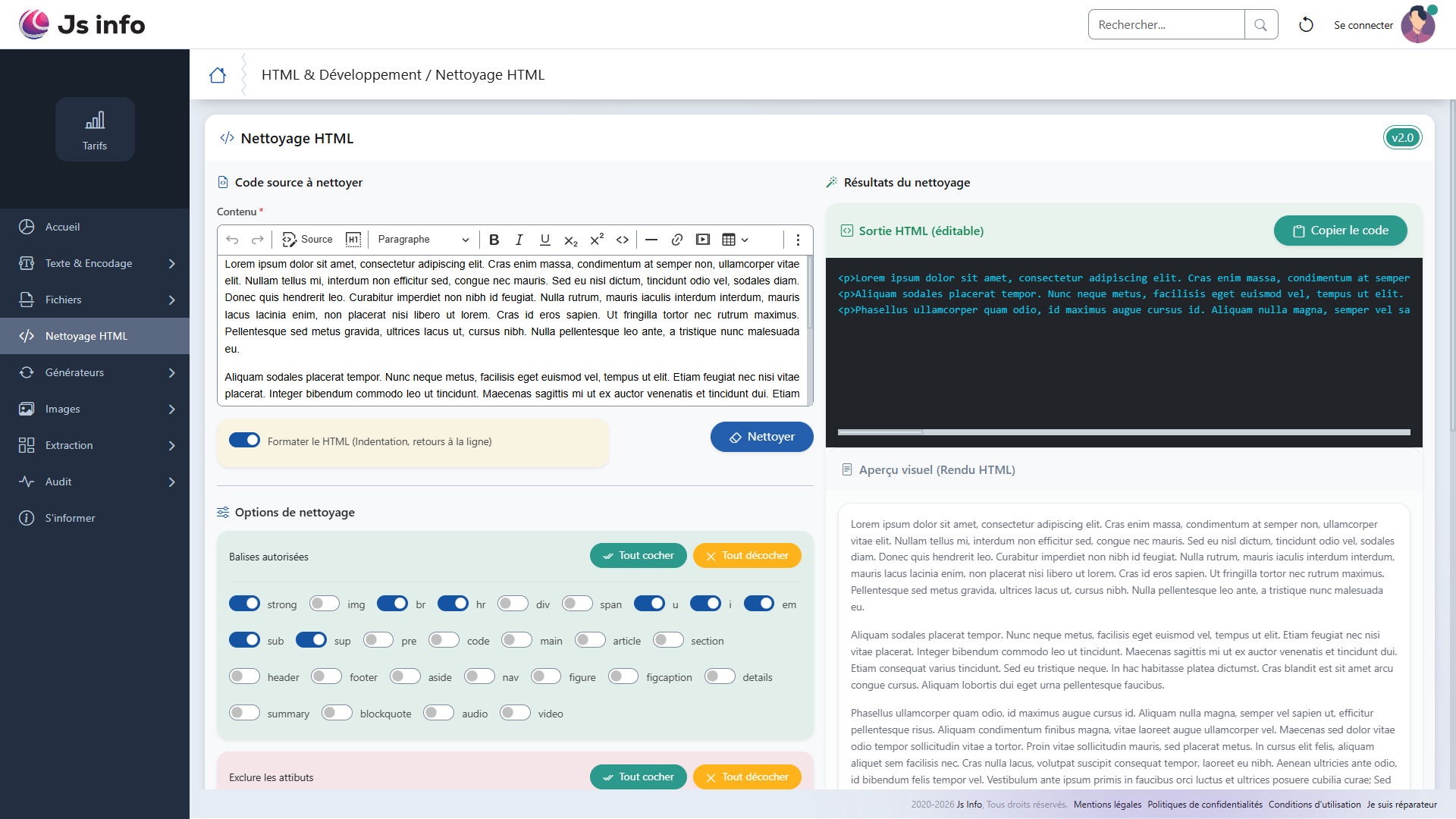 Interface du nettoyeur HTML