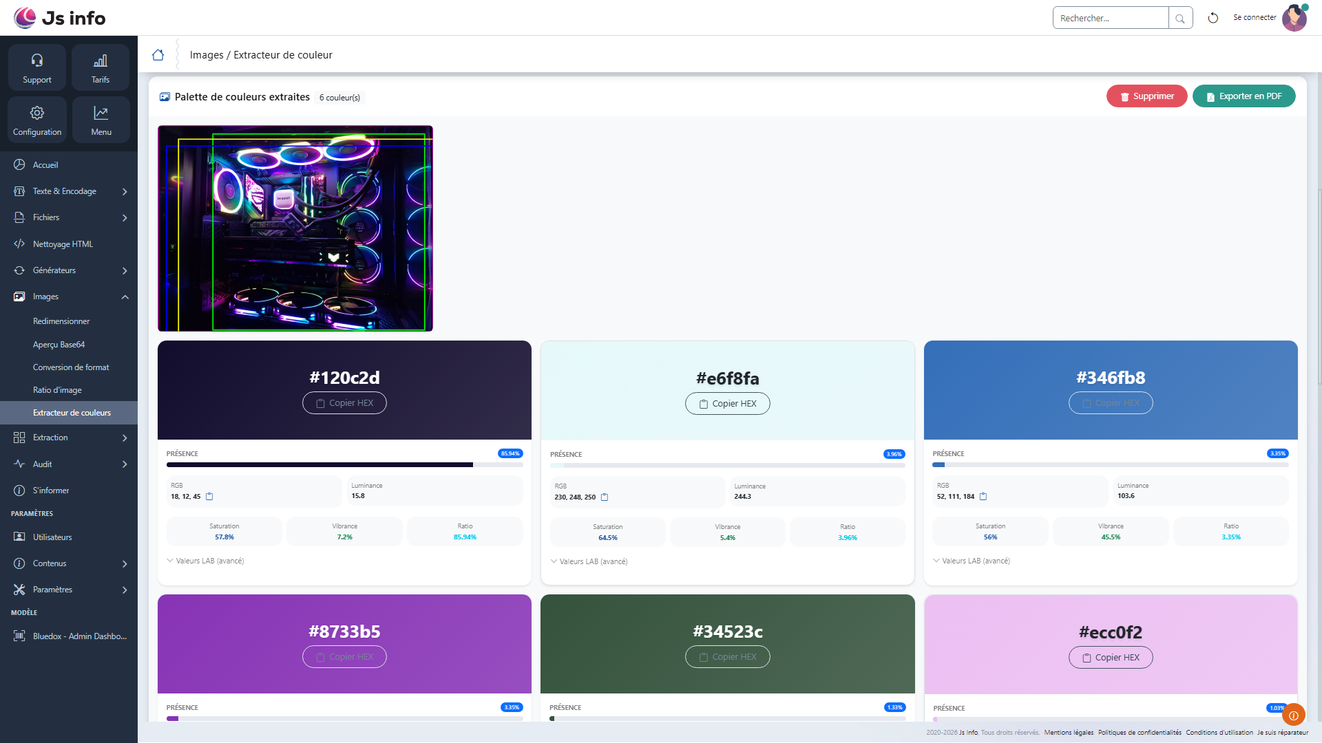 Capture du résultat avec image visualisée, couleurs dominantes, ratios et codes couleur
