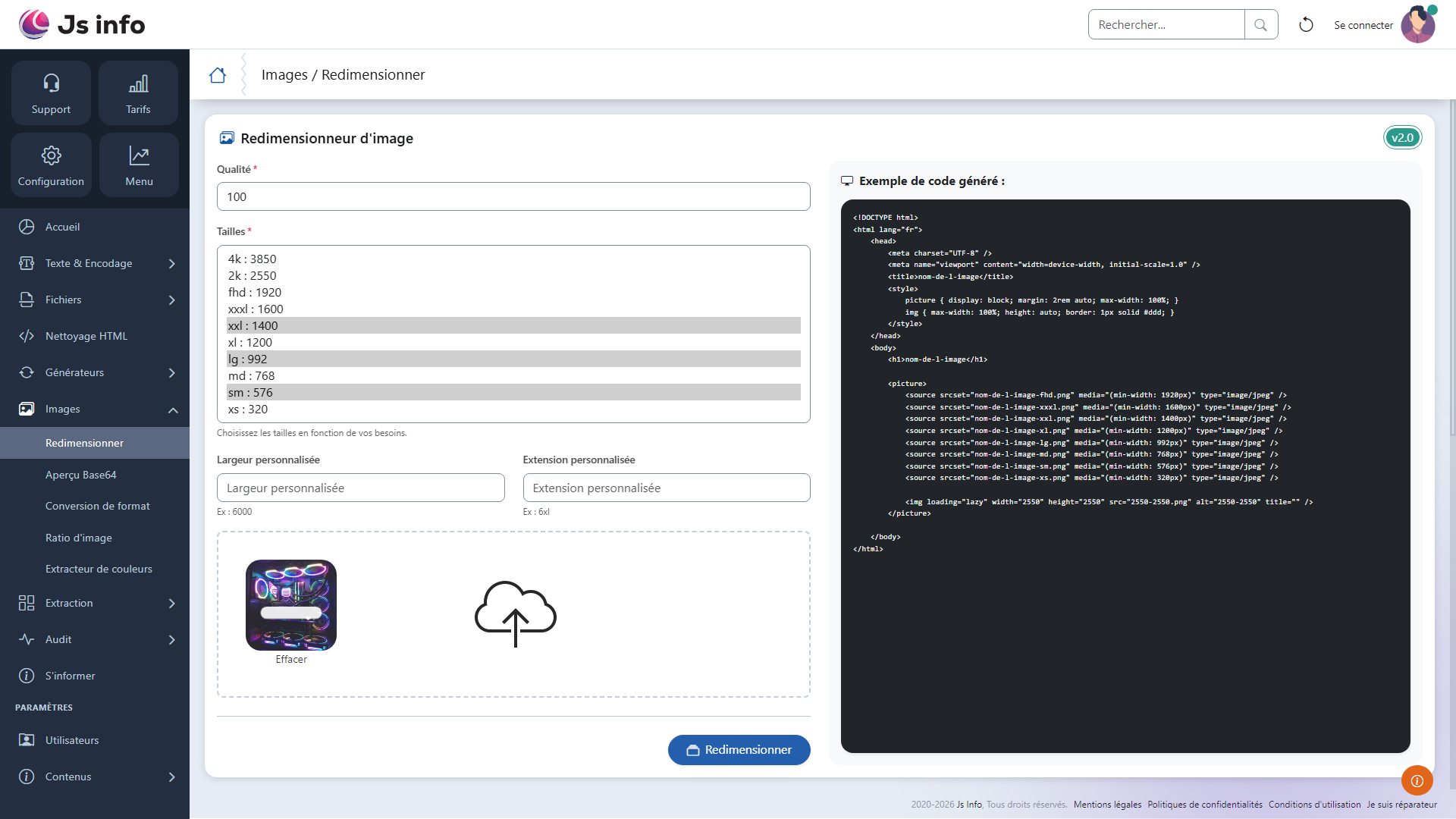 Interface permettant de glisser des images et de choisir leurs futures tailles