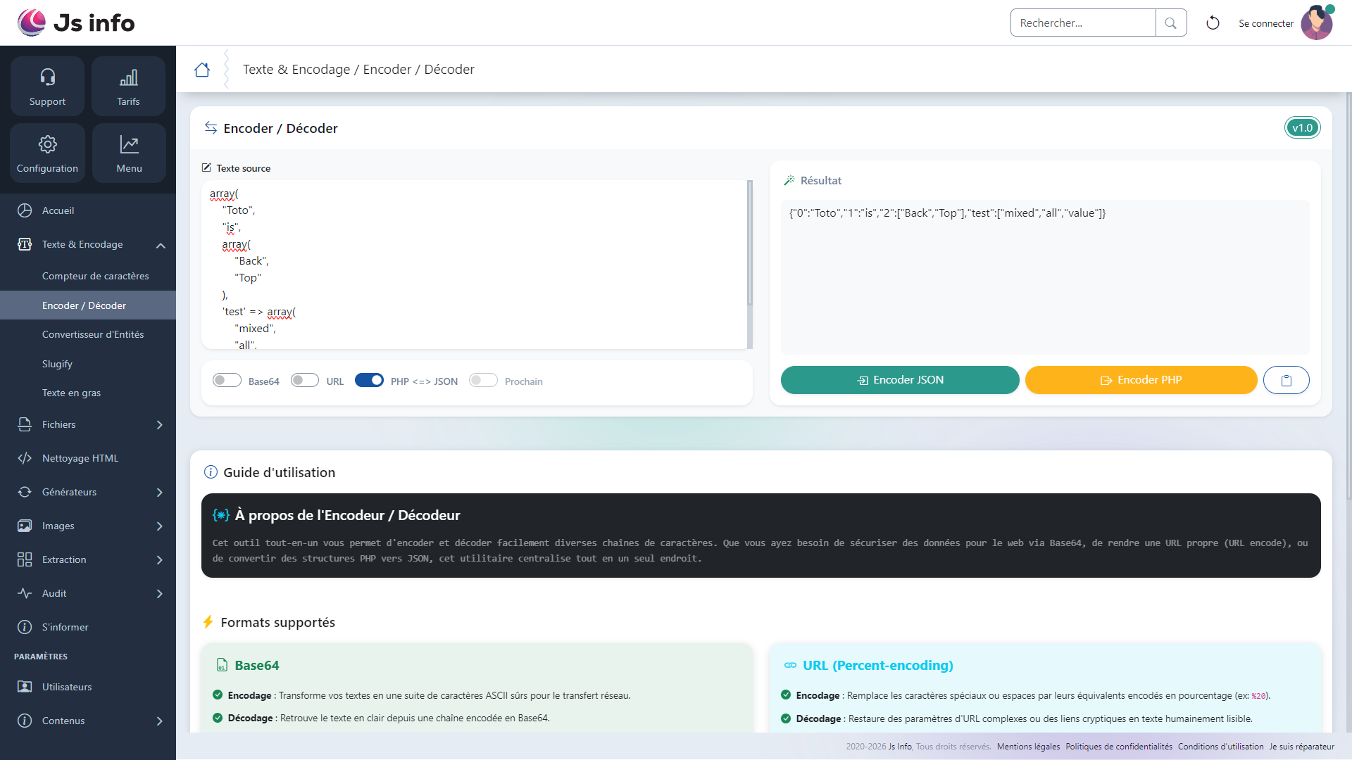 Aperçu d'une conversion de tableau PHP vers JSON