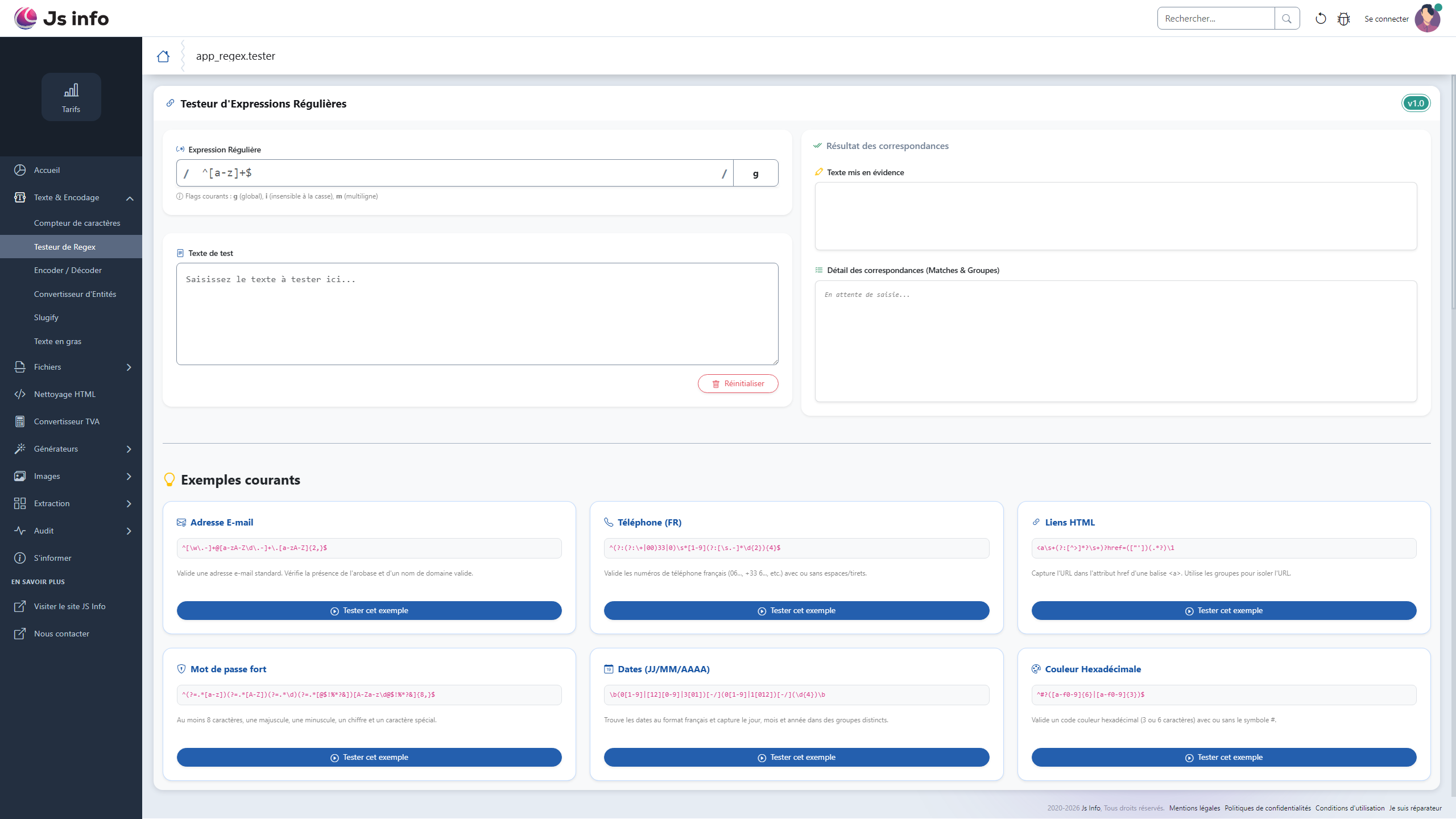 Interface du testeur d'expressions régulières